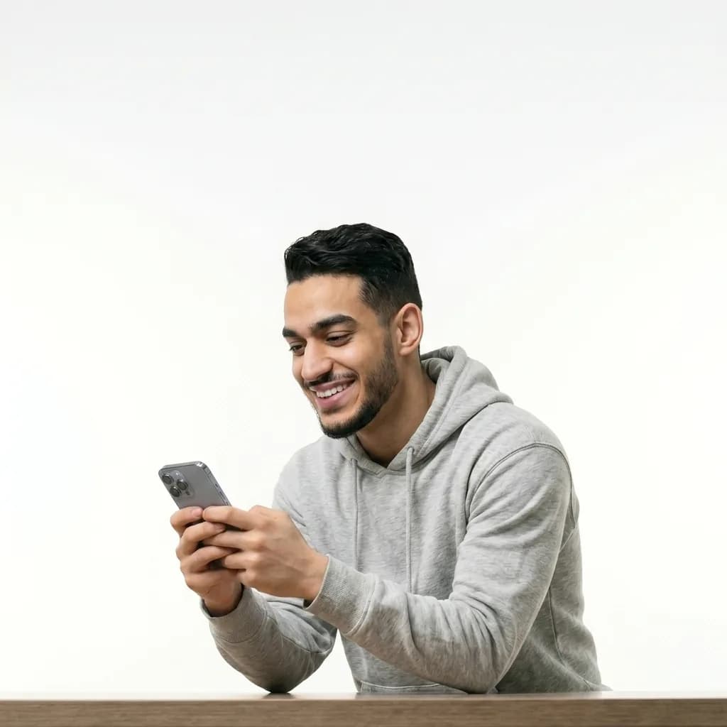Arab student holding a smartphone and smiling